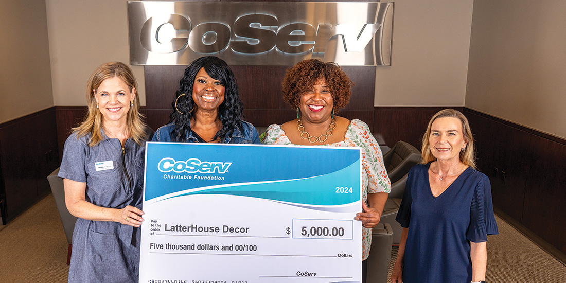 CoServ Charitable Foundation awarded a $5,000 grant to LatterHouse Décor. L to R: CoServ District 5 Director and Chair Woman Trisha Sheffield, LatterHouse Décor Founder Shalonda Waggoner, LatterHouse Vice President and Lead Decorator 
Maria Burke and CoServ Charitable Foundation Outreach & Coordinator Jennifer Ebert.