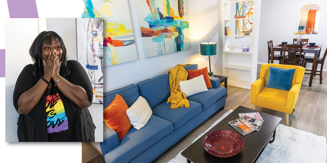 Natasha Mosley reacts to seeing her fully furnished apartment decorated by Latterhouse Décor. Bright colors bring the apartment to life. Photos by KEN OLTMANN
